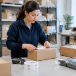Persona envasando y etiquetando productos en un almacén