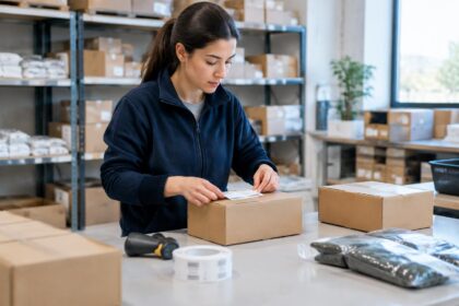 Persona envasando y etiquetando productos en un almacén