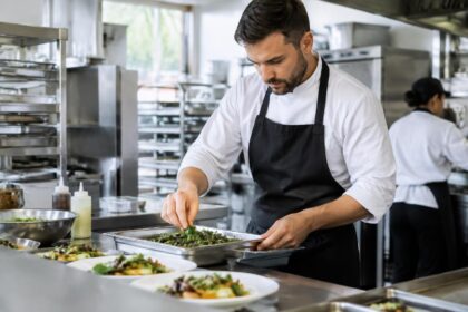 Cocinero preparando comida en una cocina profesional de catering